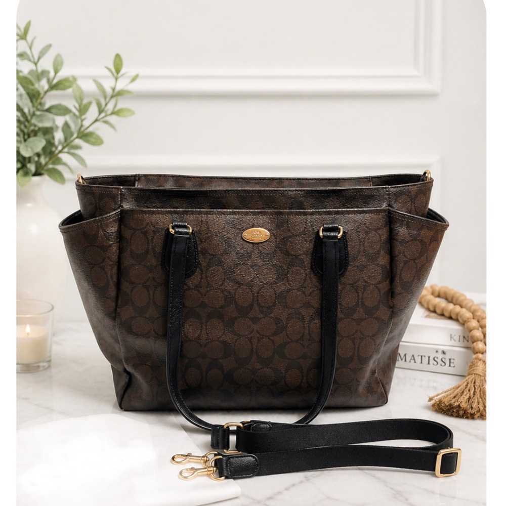 COACH Signature C Diaper Bag | Travel Tote | Brown/Black Accents | Crossbody Bag